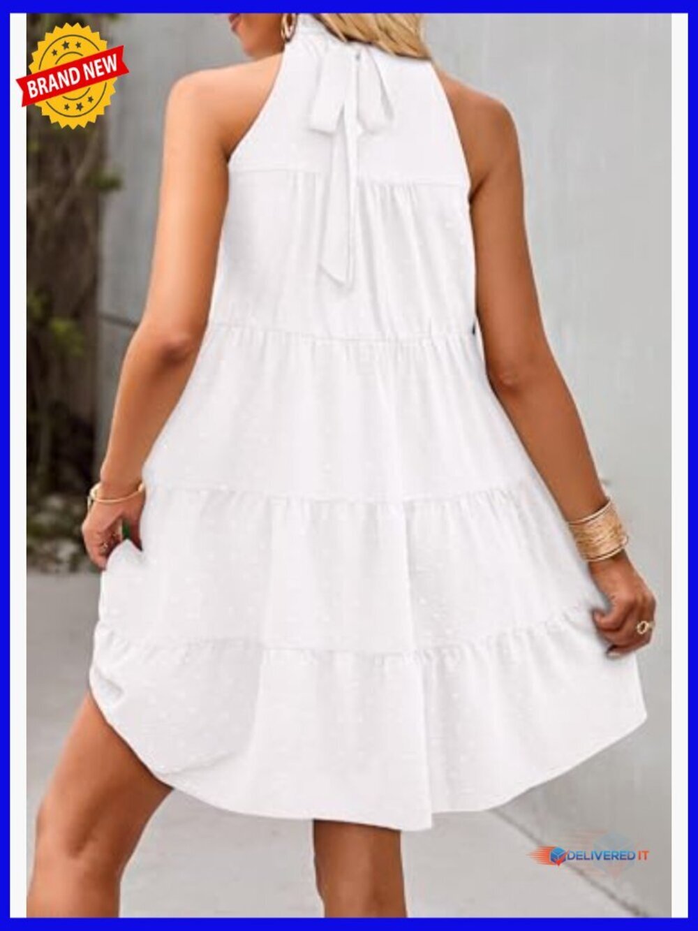 Halter Flowy Babydoll Sundress Tie Belt Sleeveless A-Line Mini - Picture 5 of 7